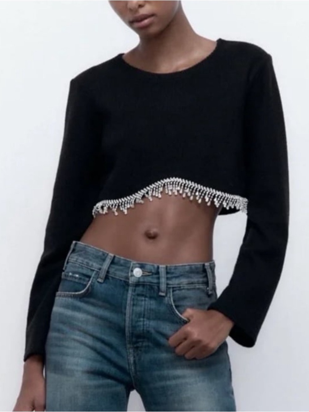 Zara Black Rhinestone Fringe Knit Crop Long Sleeve Sweater Top Medium NWT Glam